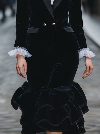 VOS LEE Ruffled Velvet Tailored Midi Dress