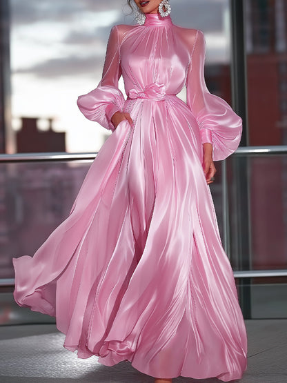 Cute High-Neck Satin Maxi Dress