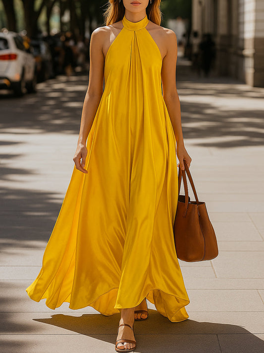 Elegant Satin Halter Maxi Dress Wedding Guest Dresses
