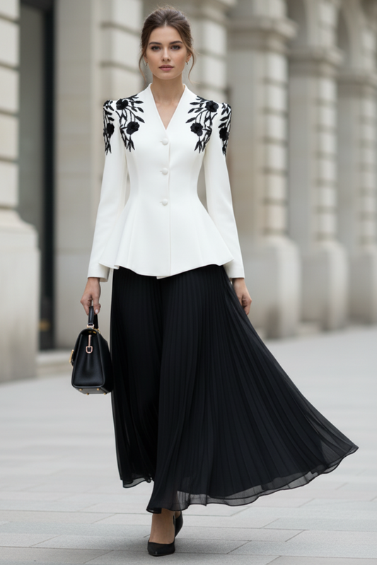 V-Neck Applique Long Sleeve Button A-Line Evening Dress