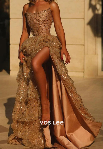 A-Line Strapless Scoop Fully Sequined Tiered Split Prom Dresses with Court Train