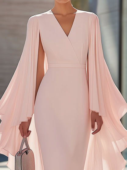 Elegant Chiffon Cape Sleeves Light Pink V-Neck Dress