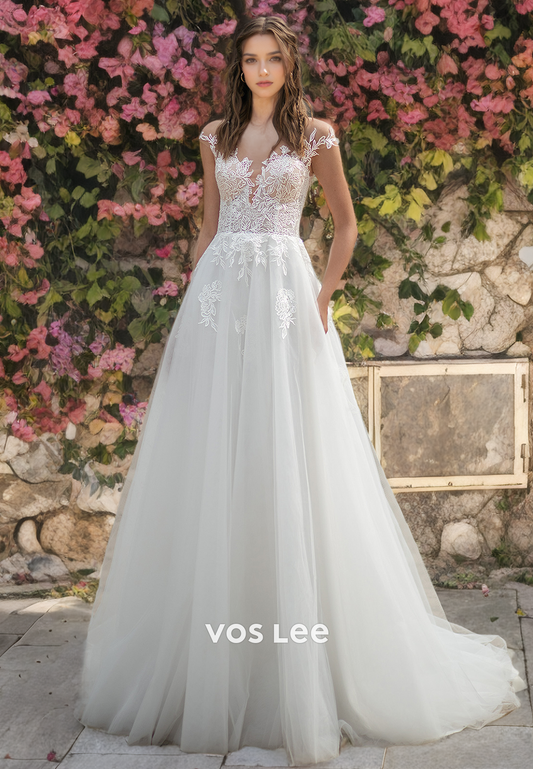 A-Line V-Neck Tulle Beach Wedding Dress with Appliques