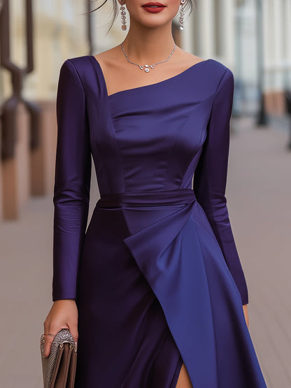 Asymmetric Satin Draped Evening Gown