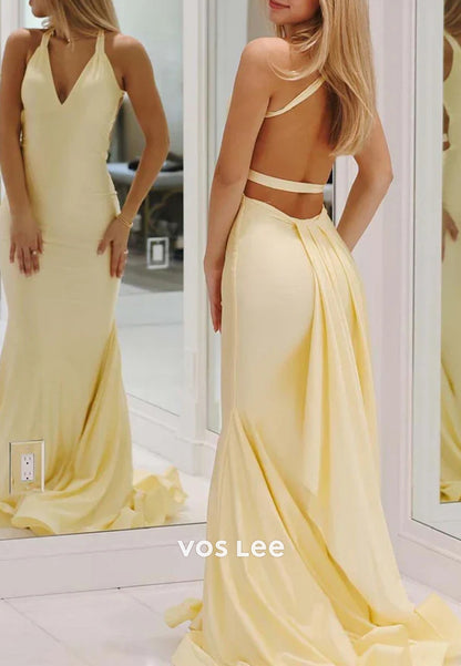 Sexy and Sleek V Neck Halter Pleated Mermaid Long Prom Dresses with Sweep Train