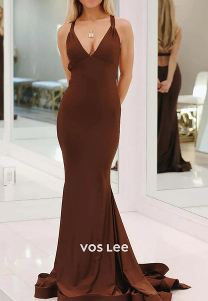 Sexy and Sleek V Neck Halter Pleated Mermaid Long Prom Dresses with Sweep Train