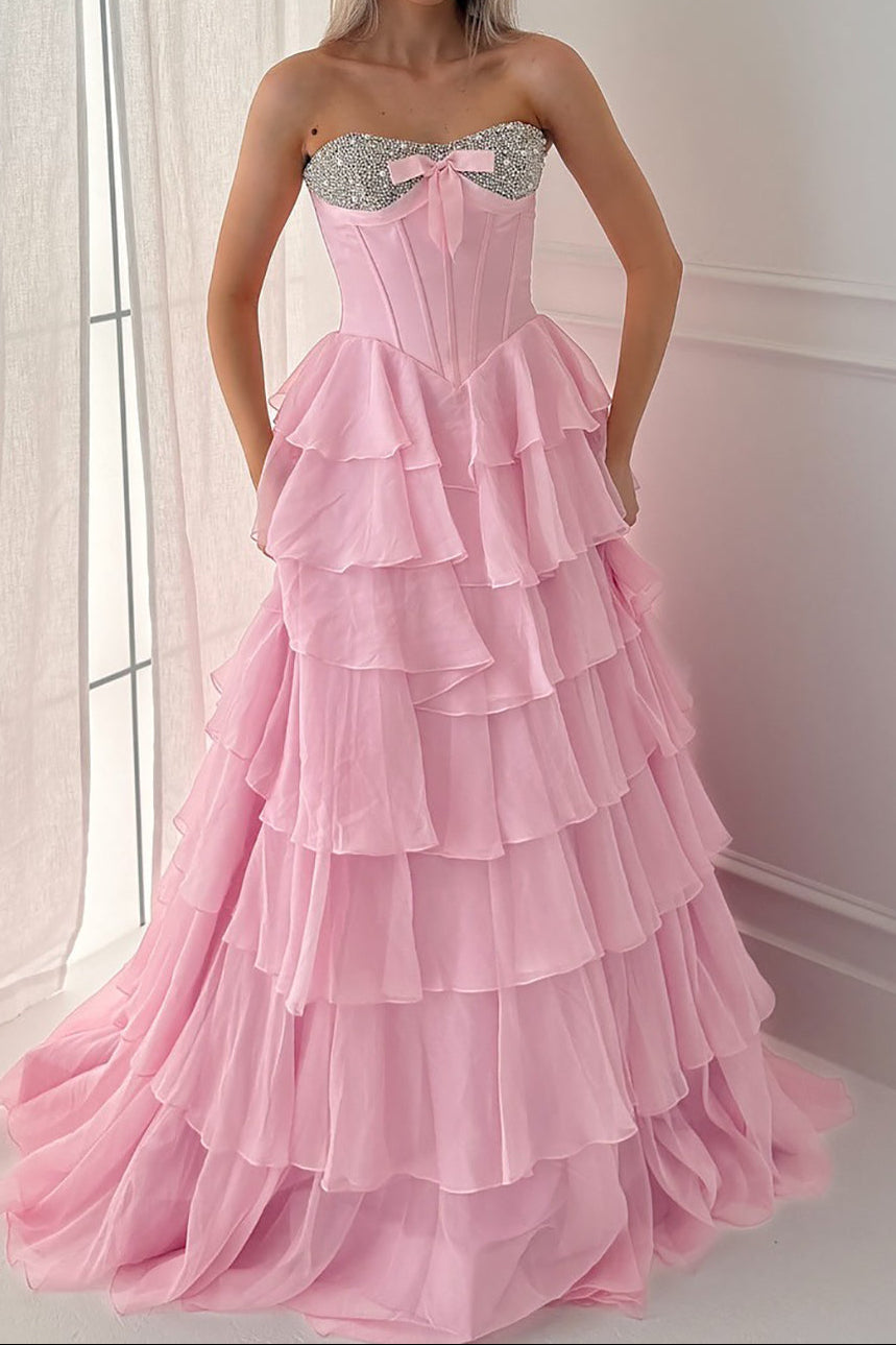 Sweetheart Corset Crystal Beaded Prom Dresses A Line Chiffon Ruffled Evening Gowns
