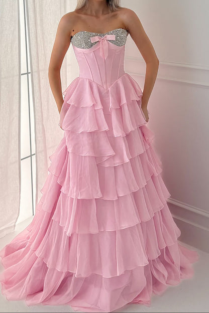 Sweetheart Corset Crystal Beaded Prom Dresses A Line Chiffon Ruffled Evening Gowns