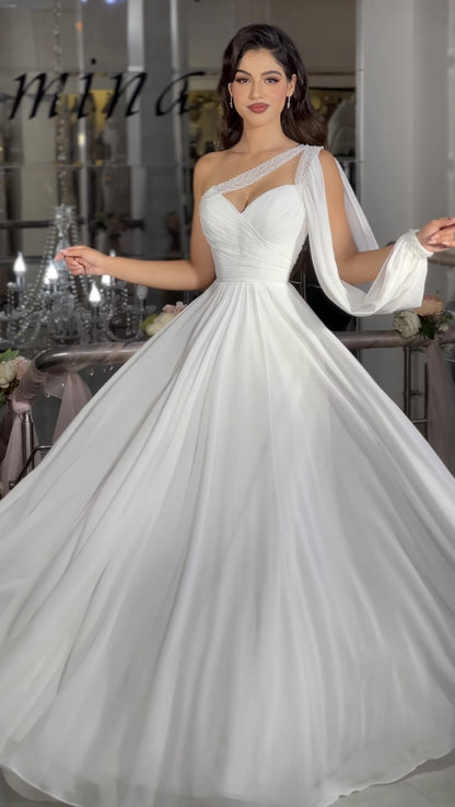 Unique A-Line One Shoulder Back Zipper Pleated Sweep Train Prom Party Dress