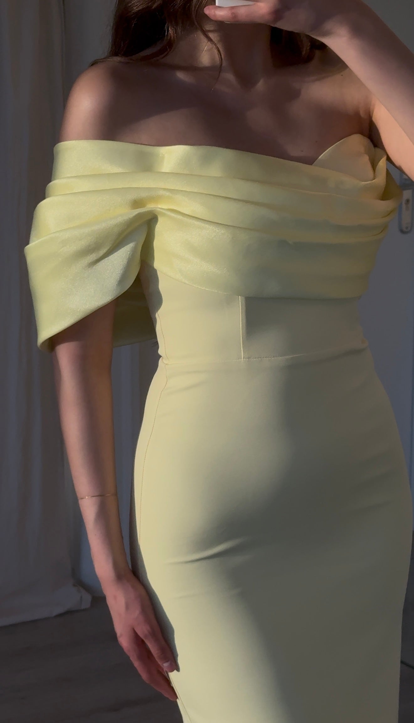 Lemon Yellow Off Shoulder Fitted Mermaid Formal Gown with Side Slit