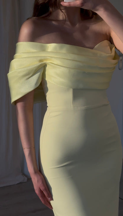 Lemon Yellow Off Shoulder Fitted Mermaid Formal Gown with Side Slit