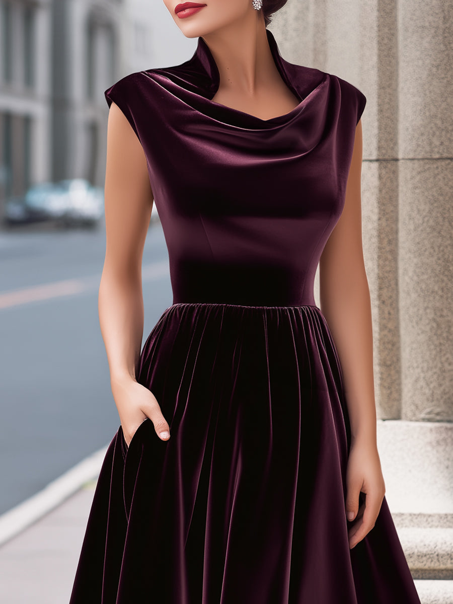 Velvet Cowl-Neck Sleeveless A-Line Evening Gown