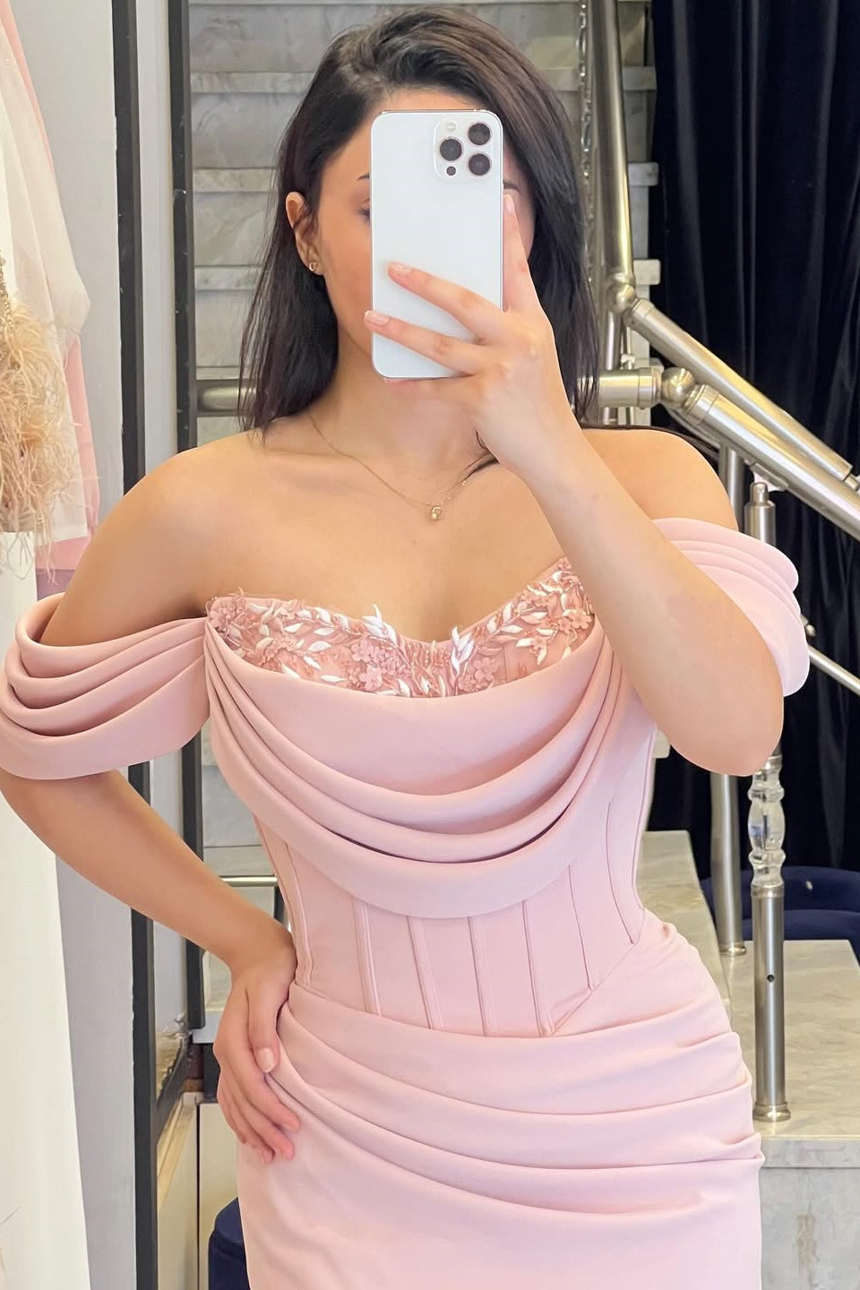 Pink Off-the-Shoulder Sweetheart Evening Dress Mermaid Long With Pleats Beadings