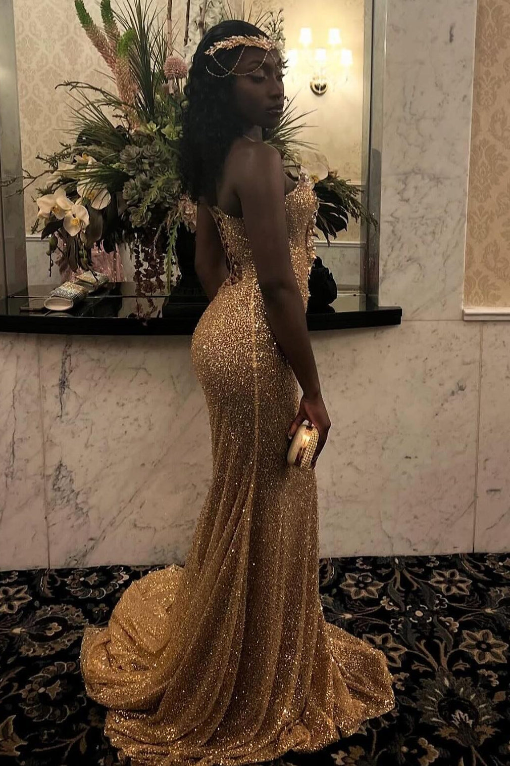 Gold Sequins Sweetheart Appliques Lace Up Prom Dress