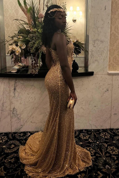 Gold Sequins Sweetheart Appliques Lace Up Prom Dress