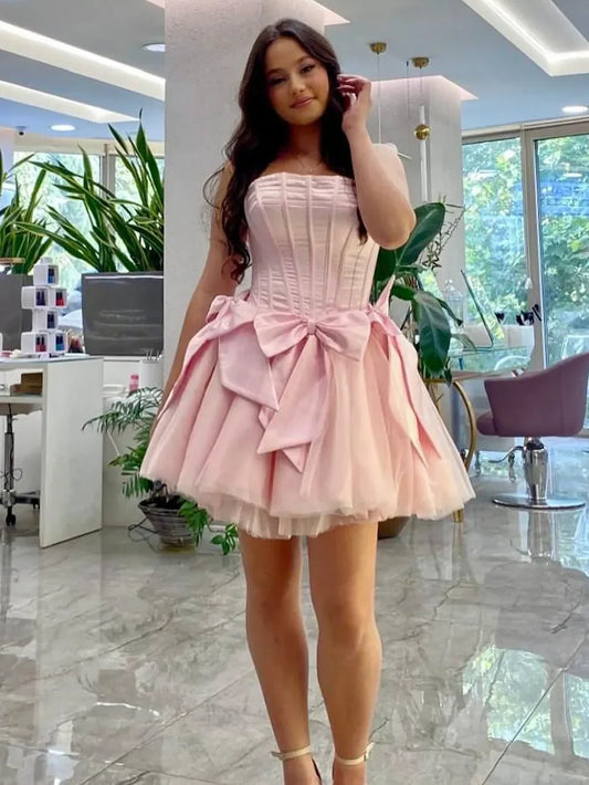 Princess A Line Strapless Pink Corset Homecoming Dress with Bowknot