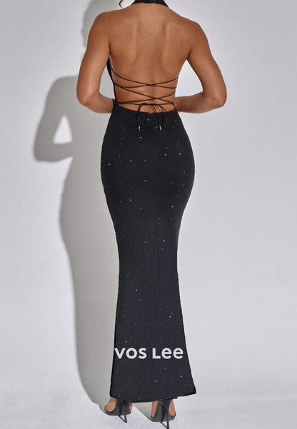 Sexy and Sleek Halter Backless Ankle-Length Long Pleated Mermaid Evening Dresses