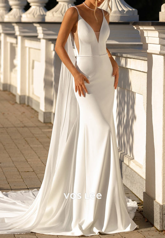 Spaghetti Straps V Neck Pearl Mermaid Wedding Dresses with Court Train