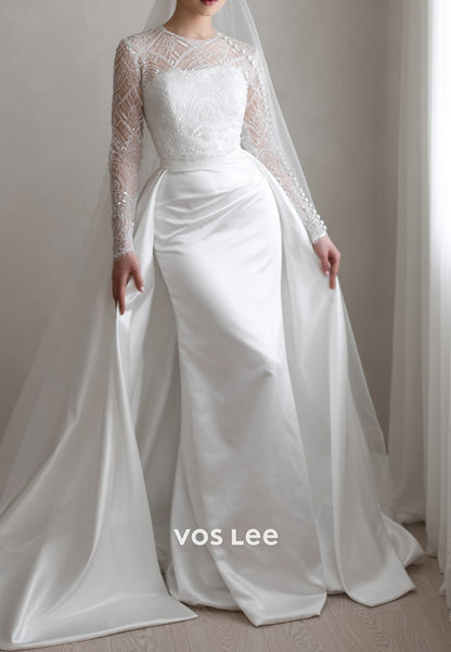 Long Sleeve Scoop Illusion Neck Appliques Wedding Dresses with Court Train