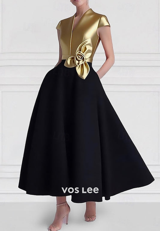 A-Line V Neck Short Sleeve Floral Embossed Ankle-Length Evening Dresses