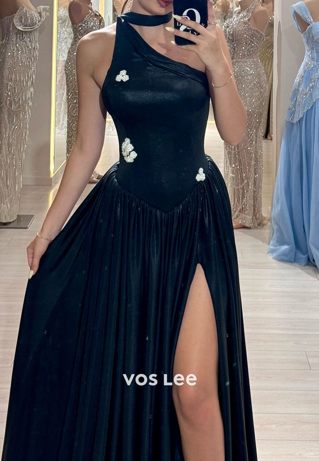 Black A-Line One Shoulder Flowers Pleated Prom Dresses with High Split