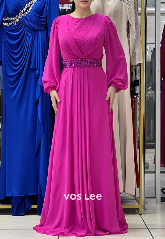 A-Line Long Sleeve Scoop Rhinestone Embellished Floor-Length Evening Dresses