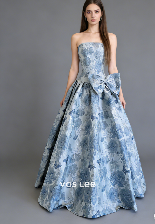 New A Line Strapless Jacquard Long Prom Dresses With Bow