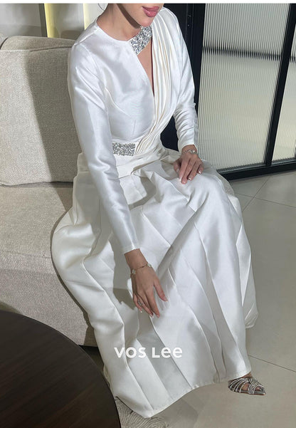 A-Line Long Sleeve V Neck Ankle-Length Ruched Evening Dresses