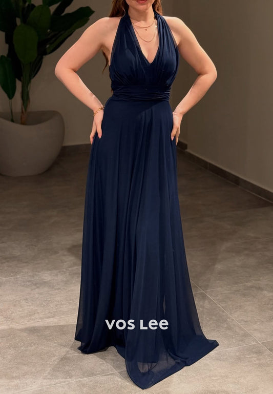 Sexy and Sleek A-Line Halter Pleated Floor-Length Evening Dresses