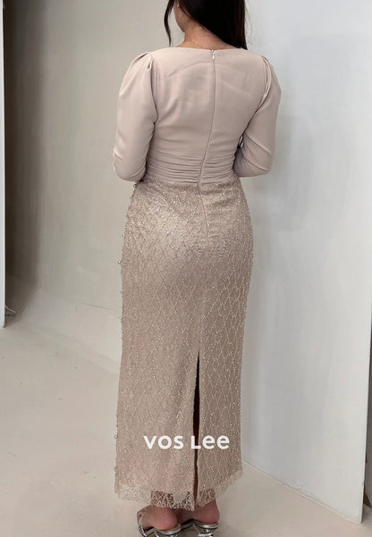 Long Sleeve Square Beaded Embellished Ankle-Length Mermaid Evening Dresses