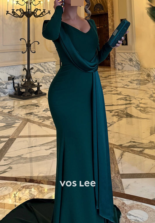 Long Sleeve V Neck Pleated Mermaid Evening Dresses with Court Train