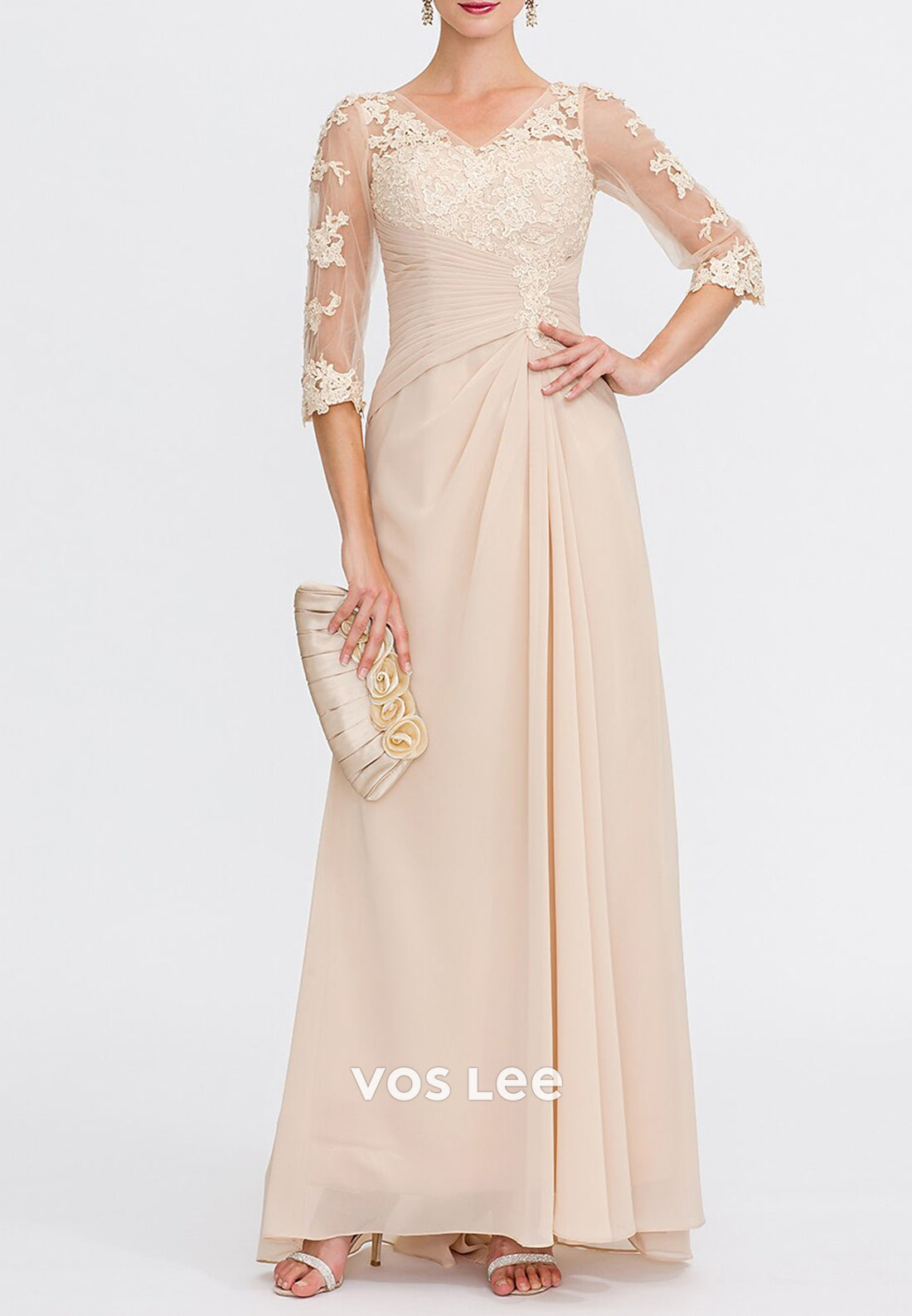 A-Line Appliques Lace 3/4 Sleeve V Neck Tulle Mother of Bride Dresses