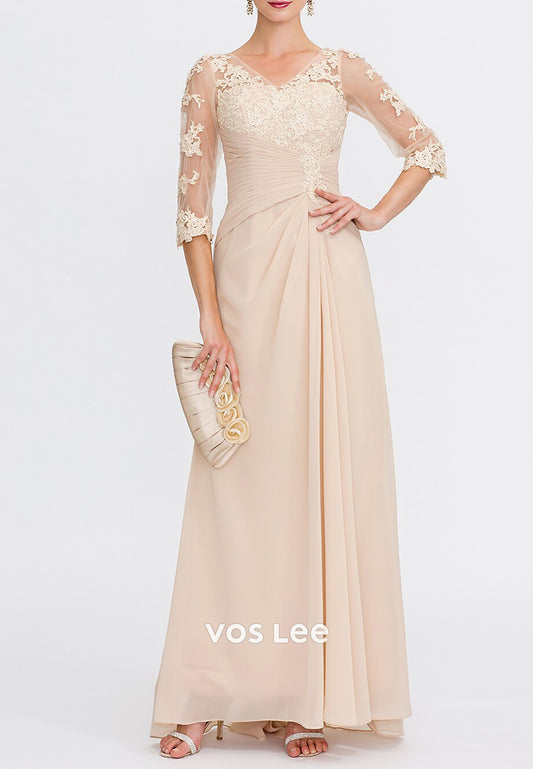 A-Line Appliques Lace 3/4 Sleeve V Neck Tulle Mother of Bride Dresses