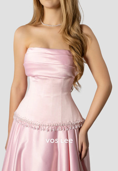 A-Line Pink Strapless Pleated Satin Beading Prom Dresses with Court Train