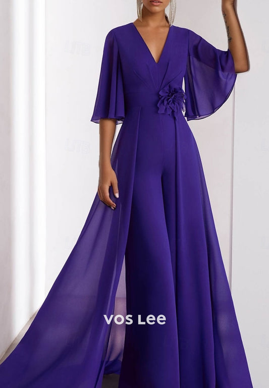 Regency Short Sleeve V Neck Sheath Jumpsuit with Sweep Train
