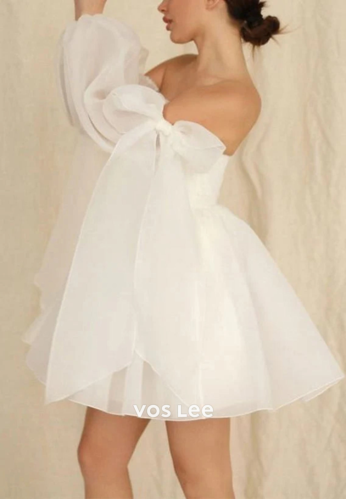 Mini & Short A-Line Long Sleeve Strapless Pleated Bowknot Beach Wedding Dresses