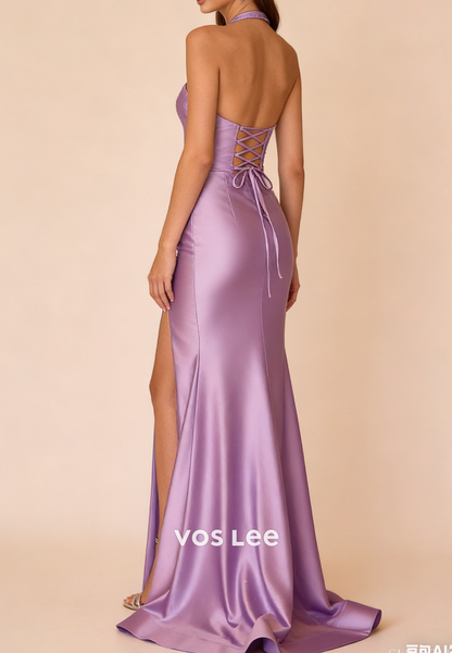 Purple Lace Appliques Halter Mermaid Beaded Long Formal Prom Dresses With Slit