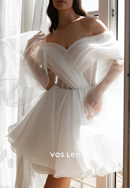 Mini & Short A-Line Off the Shoulder Bowknot Wedding Dresses with Detachable Long Sleeve