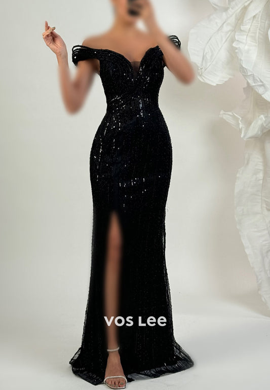 Off the Shoulder Fully Beading Sequins Pleated Sheath Evening Dresses with Side Split