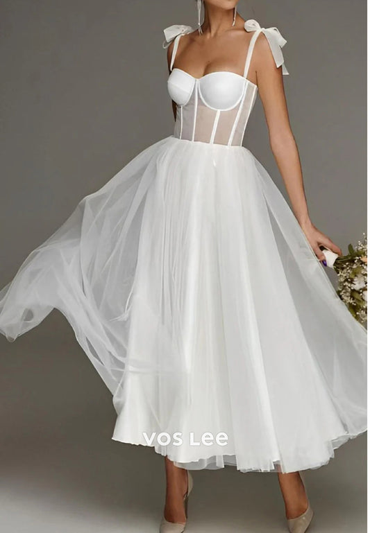 A-Line Spaghetti Straps Bowknot Sweetheart Pleated Simple Tea-Length Wedding Dresses
