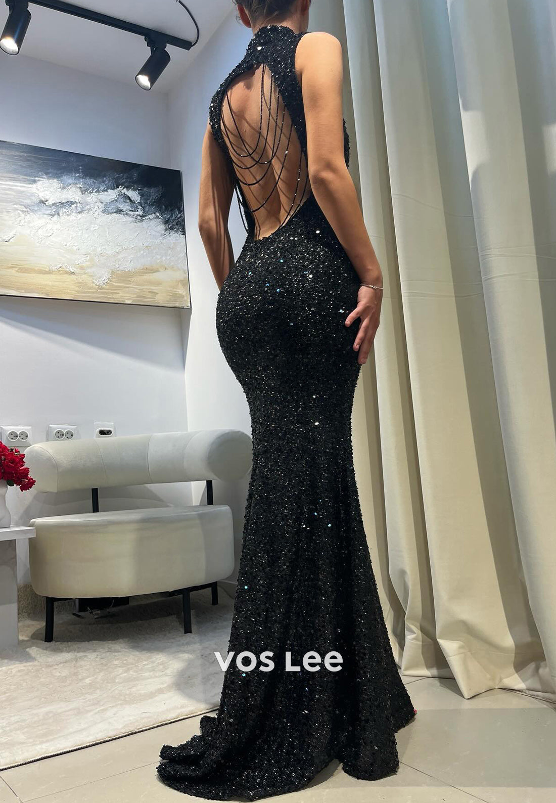 Classic & Timeless High Neck Fully Sequined Beaded Pleated Sheath Evening Dresses
