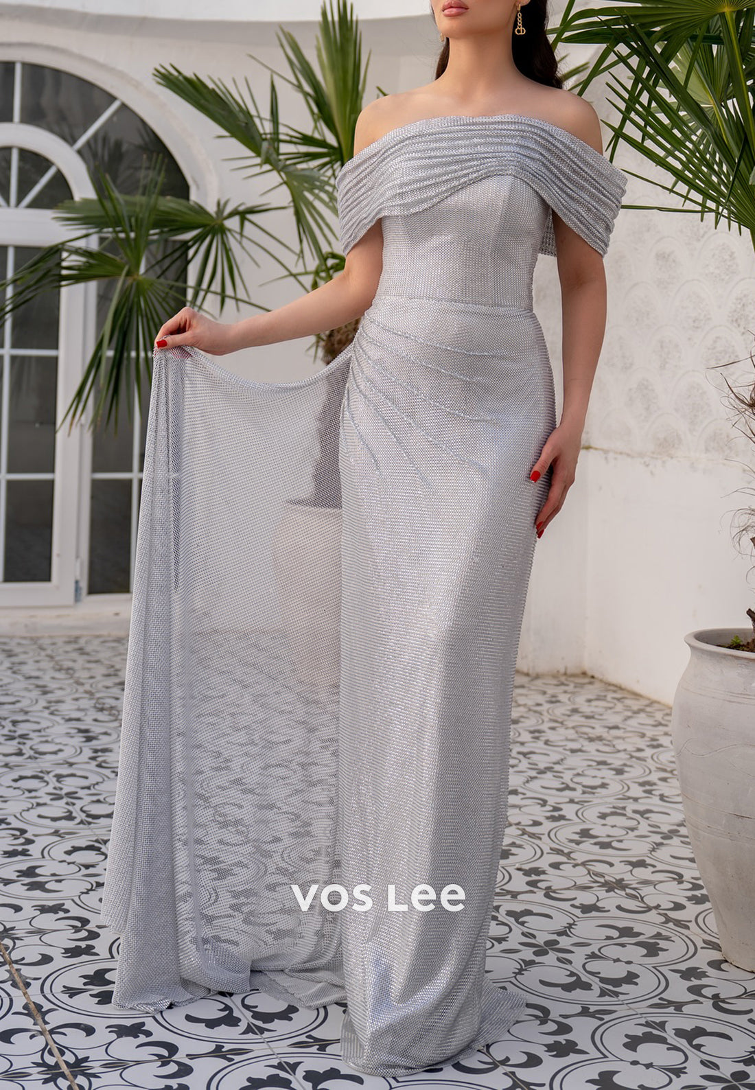 Silver Off the Shoulder Pleated Mermaid Evening Dresses
