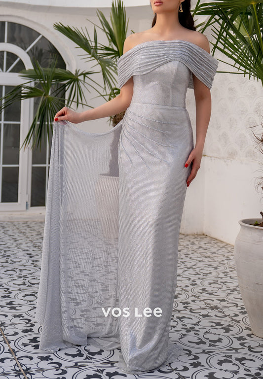 Silver Off the Shoulder Pleated Mermaid Evening Dresses