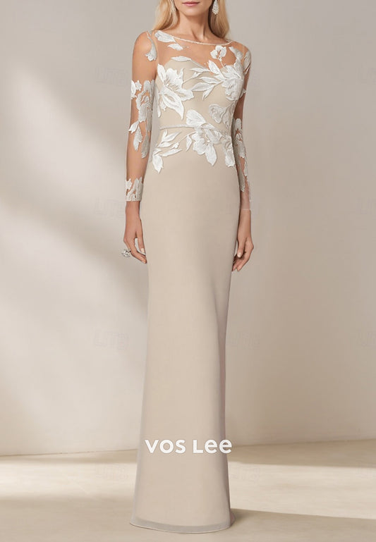 Long Sleeve Illusion Neck Appliques Lace Floor-Length Sheath Mother of Bride Dresses