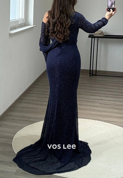 Long Sleeve One Shoulder Pleated Mermaid Evening Dresses with Sweep Train