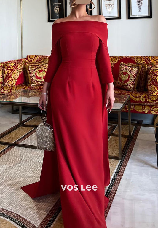 Simple & Casual 3/4 Sleeve Off the Shoulder Floor-Length Sheath Evening Dresses