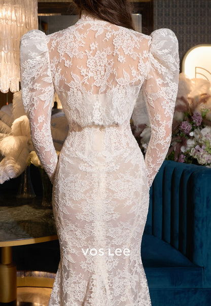 Two Pieces Long Sleeve High Neck Appliques Lace Mermaid Wedding Dresses with Sweep Train