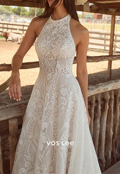 A-Line Halter Sleeveless Appliques Lace Pleated Wedding Dresses with Court Train