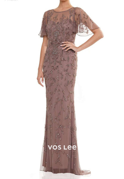 Flutter Sleeves Illusion Neck Appliques Mermaid Mother of Bride Dresses