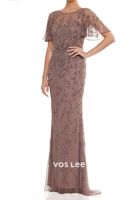 Flutter Sleeves Illusion Neck Appliques Mermaid Mother of Bride Dresses